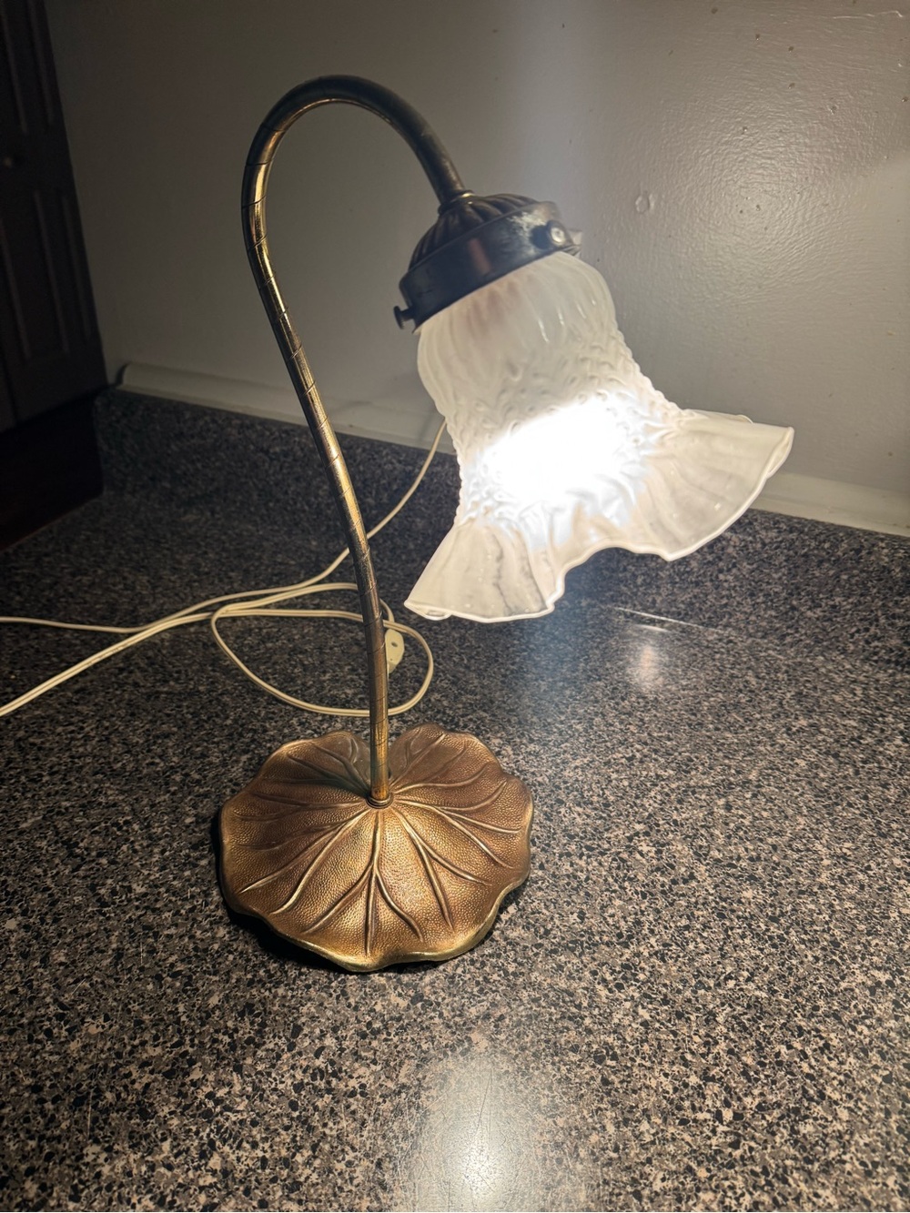 Vintage Brass Lily Pad Tulip Gooseneck Desk Lamp Frosted Clear Shade - Picture 2 of 16